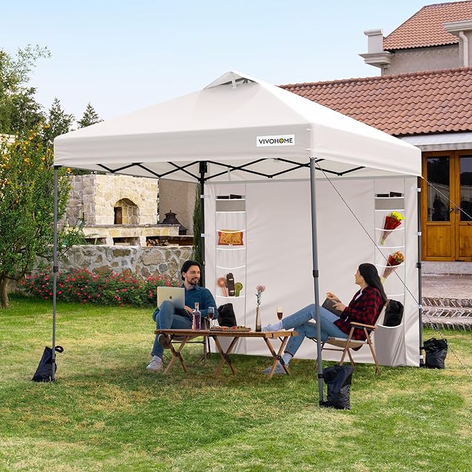VIVOHOME 8x8ft Pop Up Canopy Tent with Sidewall and 6 Pockets, One Push Setup Outdoor Portable Shelter Tent Heavy Duty with Wheel Carry Bag and 4 Sandbags, White
