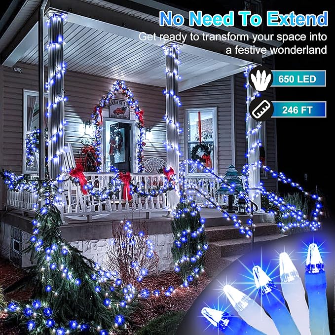 650 LED 246FT Christmas Lights Outdoor, 8 Lighting Modes Fairy String Lights, Waterproof Christmas Tree Lights with Timer & Momory for Xmas Tree Yard Party Home Garden Blue&Cool White