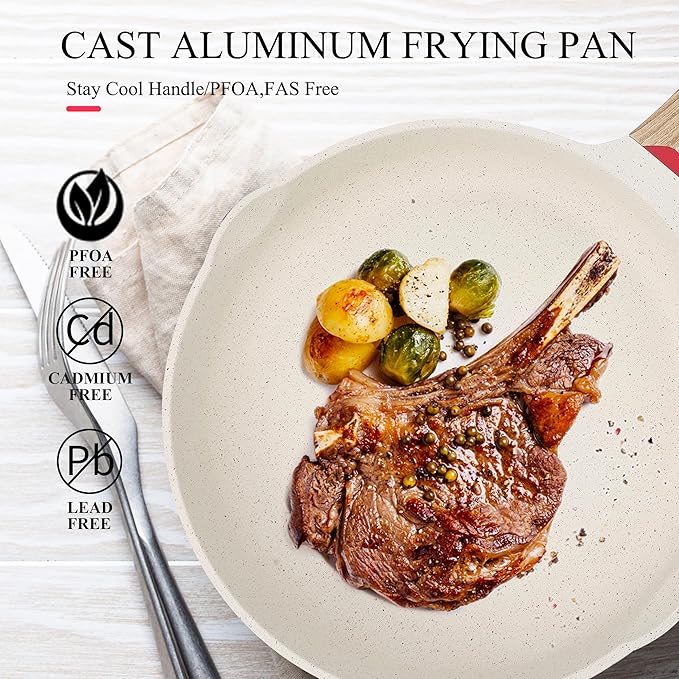 Vinchef Nonstick Frying Pan Anti Scratch,12.5 Inch Skillet Cast Aluminum Cookware, Induction Compatible White