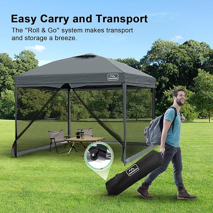 KAMPKEEPER 10x10 Pop Up Canopy with Mosquito Netting,Instant Outdoor Screen Tent Sun Shade for Events Patio Camping Picnic,Gazebo with 4 Sandbags,1 Wheeled Bag(Dark Grey)