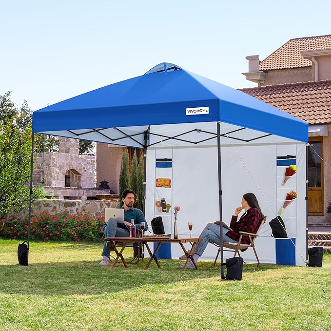 VIVOHOME 10x10ft Pop Up Canopy Tent with Sidewall and 6 Pockets, One Push Setup Outdoor Portable Shelter Tent Heavy Duty with Wheel Carry Bag and 4 Sandbags, Blue