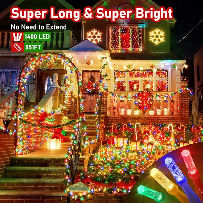 XURISEN Upgraded 561FT 1400 LED Christmas Lights Outdoor, Super Long String Lights 8 Modes & Memory Timer Plug in Fairy Lights for Home Xmas Tree Party Wedding Decor -Multicolor
