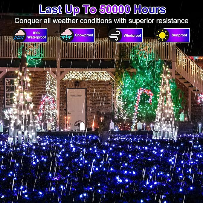 492FT Christmas Lights Outdoor, 1300 LED Extra Long LED String Lights 8 Modes Christmas Tree Lights, with Timer & Momory Function Waterproof Decorations for Xmas Yard Tree Party Home Garden Blue
