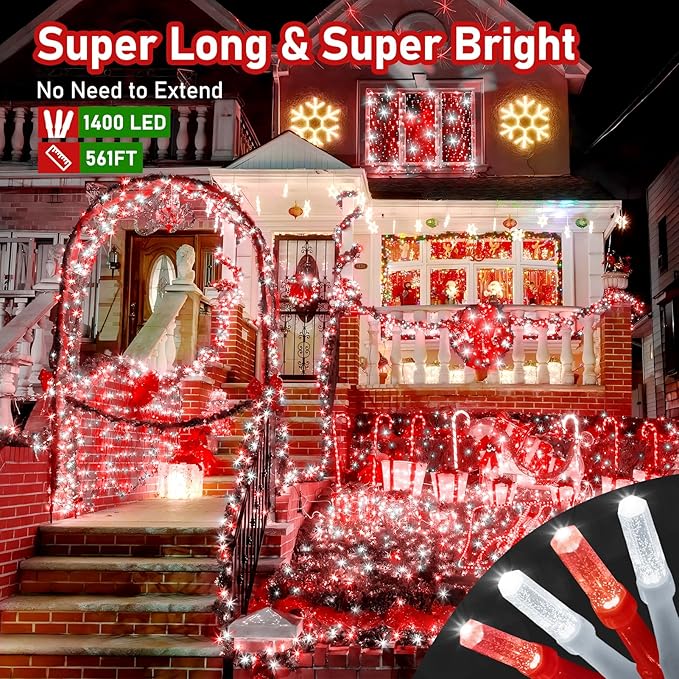 XURISEN Upgraded 561FT 1400 LED Christmas Lights Outdoor, Super Long String Lights 8 Modes & Memory Timer Plug in Fairy Lights for Home Xmas Tree Party Wedding Decor -Red and White