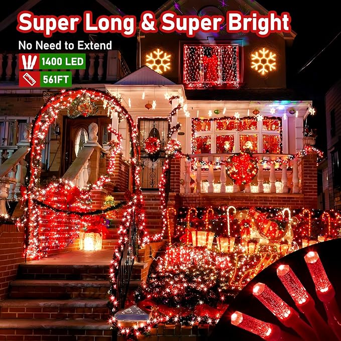 XURISEN Upgraded 561FT 1400 LED Christmas Lights Outdoor, Super Long String Lights 8 Modes & Memory Timer Plug in Fairy Lights for Home Xmas Tree Party Wedding Decor -Red
