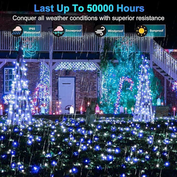 650 LED 246FT Christmas Lights Outdoor, 8 Lighting Modes Fairy String Lights, Waterproof Christmas Tree Lights with Timer & Momory for Xmas Tree Yard Party Home Garden Blue&Cool White