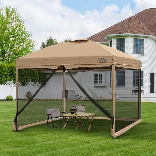 KAMPKEEPER 10x10 Pop Up Canopy with Mosquito Netting,Instant Outdoor Screen Tent Sun Shade for Events Patio Camping Picnic,Gazebo with 4 Sandbags,1 Wheeled Bag(Khaki)
