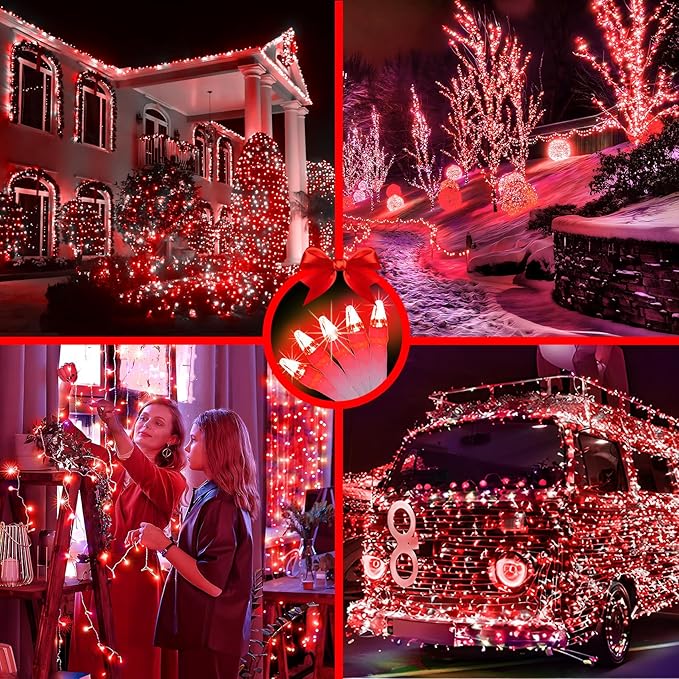 750 LED 256FT Christmas String Lights Outdoor, Christmas Light with 8 Lighting Modes& Timer & Memory, Plug in Outdoor Waterproof Clear Wire Twinkle Light for for Xmas Yard Tree Party Decor Red