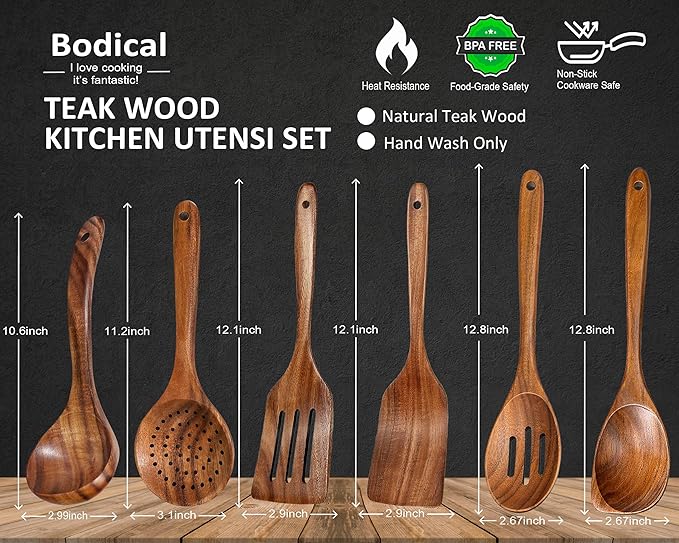 Wooden Spoons for Cooking, Natural Premium 6 Piece Teak Wooden Cooking Utensils Set, Large Heat Resistant Wooden Spoons and Wooden Spatulas for Nonstick Cookware Cooking Gifts