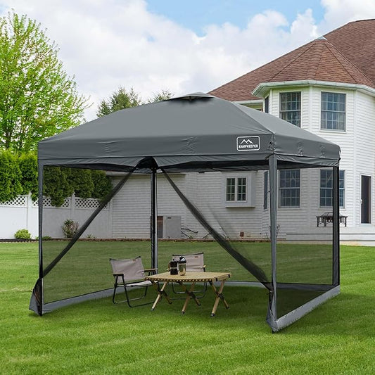 KAMPKEEPER 10x10 Pop Up Canopy with Mosquito Netting,Instant Outdoor Screen Tent Sun Shade for Events Patio Camping Picnic,Gazebo with 4 Sandbags,1 Wheeled Bag(Dark Grey)