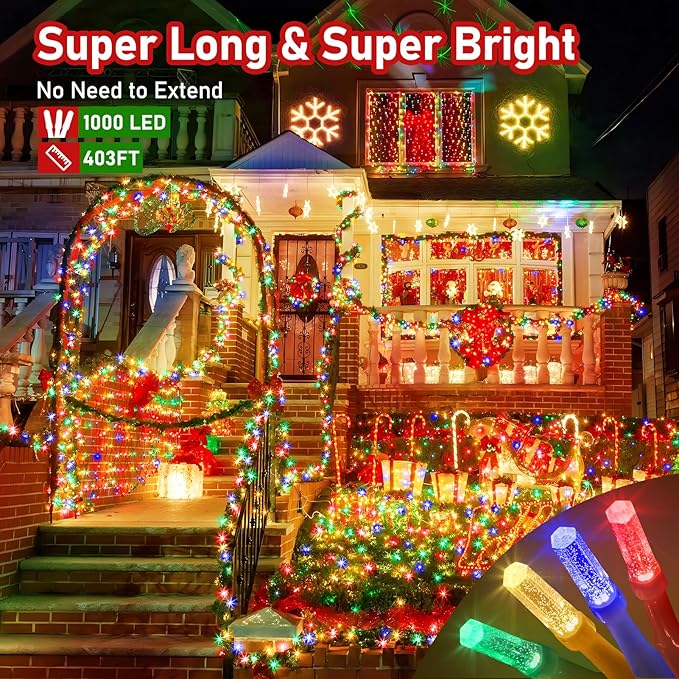 XURISEN Upgraded 403FT 1000 LED Christmas Lights Outdoor, Super Long String Lights 8 Modes & Memory Timer Plug in Fairy Lights for Xmas Tree Party Wedding Decor（Plug Cannot be Connected） -Multicolor