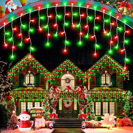 106 FT Christmas Lights Outdoor, 972 LED Waterproof Outside Christmas Lights Plug in, Connectable 8 Modes Hanging Fairy Lights with 216 Drops for House Eaves Yard Patio Decoration, Red and Green