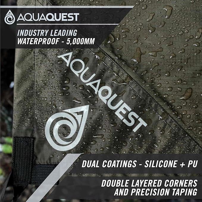 AquaQuest Defender Tarp – 100% Waterproof (20,000mm) Heavy-Duty Shelter for Camping, Bushcraft, Survival, Hammock, Basecamp, Hunting, Hiking & All-Season Use – 30 Options Available: 5 Sizes & 6 Colors