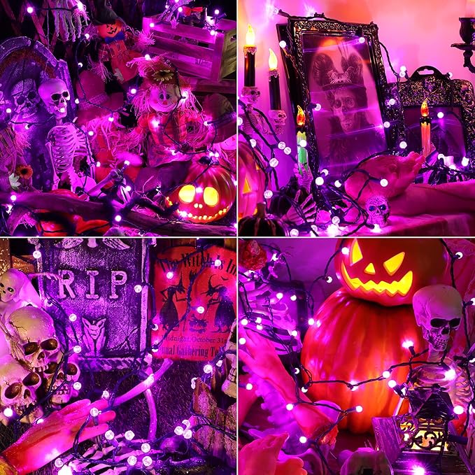 Brizled Purple Halloween Lights, 24.67ft 70 LED G12 Halloween String Lights, 120V Plugin Connectable Halloween Lights Green Wire Purple Lights for Halloween Christmas Tree Room Outdoor Indoor Decor