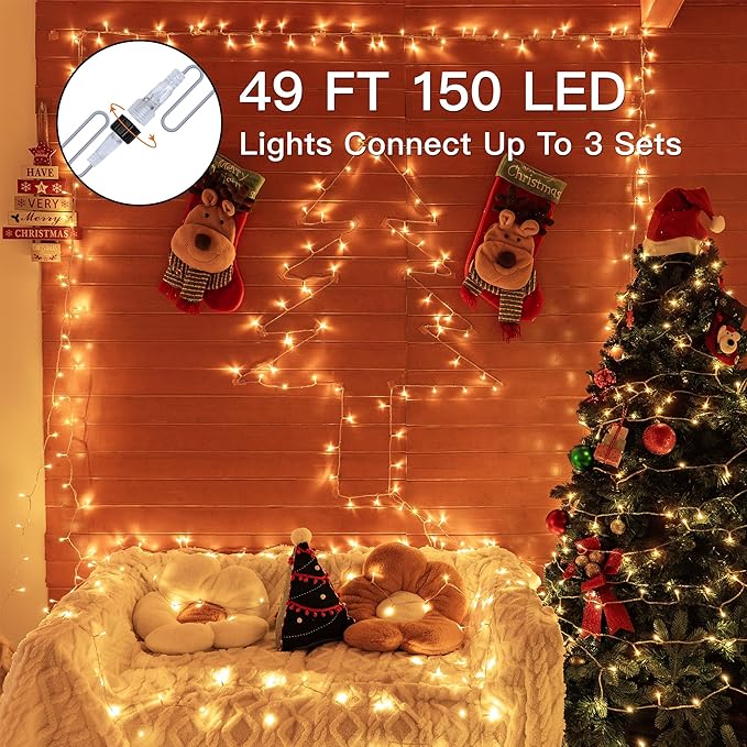 Connectable LED String Lights Indoor Outdoor, 150 LED 49 FT Warm White Christmas Lights Waterproof, 8 Modes Plug in Twinkle Fairy Lights for Classroom Bedroom Decoration