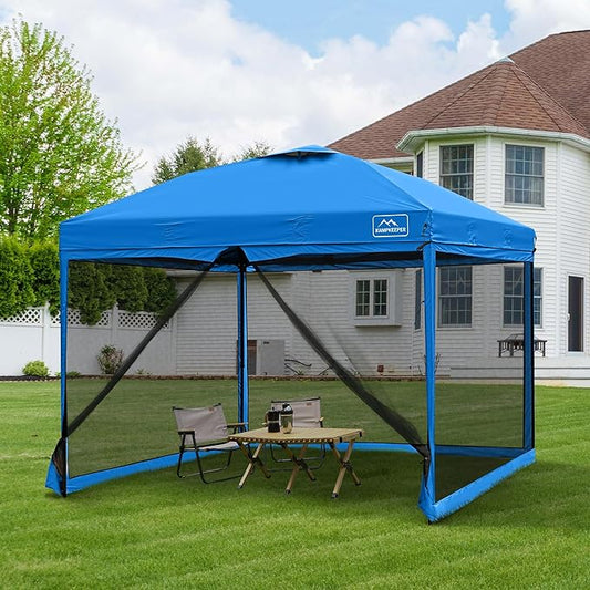 KAMPKEEPER 10x10 Pop Up Canopy with Mosquito Netting,Instant Outdoor Screen Tent Sun Shade for Events Patio Camping Picnic,Gazebo with 4 Sandbags,1 Wheeled Bag(Light Blue)