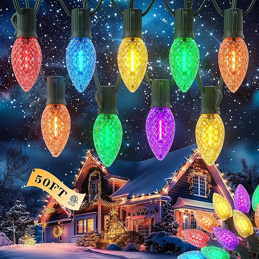 Kawaya Outdoor Christmas String Lights: C9 LED faceted Tree Lights, 50FT 50 Bulbs Multi Colored Indoor Decorations Lights, IP65 Commercial Waterproof Xmas Lights for Outside Roof House Walkway Pathway