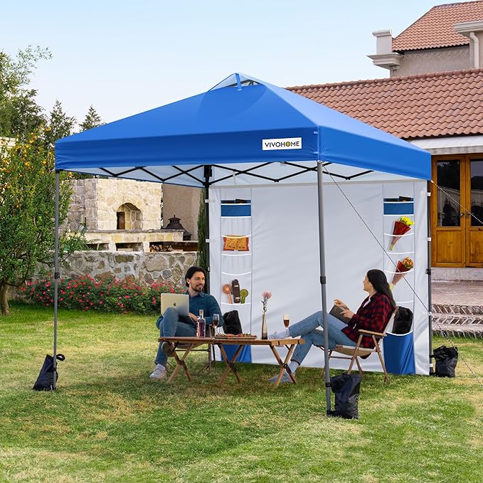 VIVOHOME 8x8ft Pop Up Canopy Tent with Sidewall and 6 Pockets, One Push Setup Outdoor Portable Shelter Tent Heavy Duty with Wheel Carry Bag and 4 Sandbags, Blue