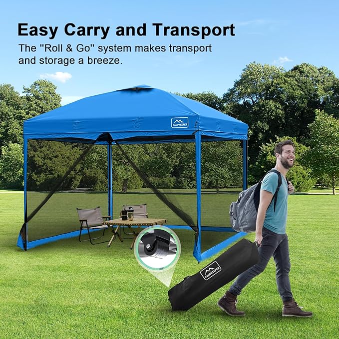 KAMPKEEPER 10x10 Pop Up Canopy with Mosquito Netting,Instant Outdoor Screen Tent Sun Shade for Events Patio Camping Picnic,Gazebo with 4 Sandbags,1 Wheeled Bag(Light Blue)