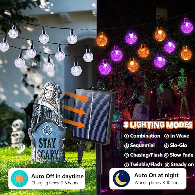 Joomer Orange Purple Halloween Solar Lights - 72FT 100LED Solar String Lights Outdoor, Waterproof Crystal Globe Lights with 8 Modes for Patio, Garden, Halloween Decor