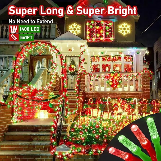 XURISEN Upgraded 561FT 1400 LED Christmas Lights Outdoor, Super Long String Lights 8 Modes & Memory Timer Plug in Fairy Lights for Home Xmas Tree Party Wedding Decor -Red and Green