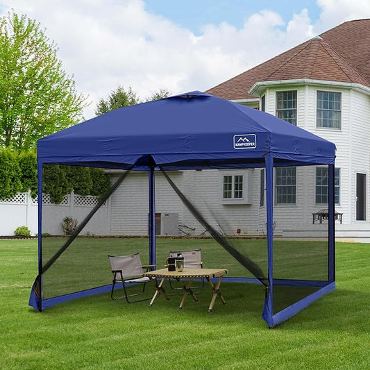 KAMPKEEPER 10x10 Pop Up Canopy with Mosquito Netting,Instant Outdoor Screen Tent Sun Shade for Events Patio Camping Picnic,Gazebo with 4 Sandbags,1 Wheeled Bag(Navy Blue)