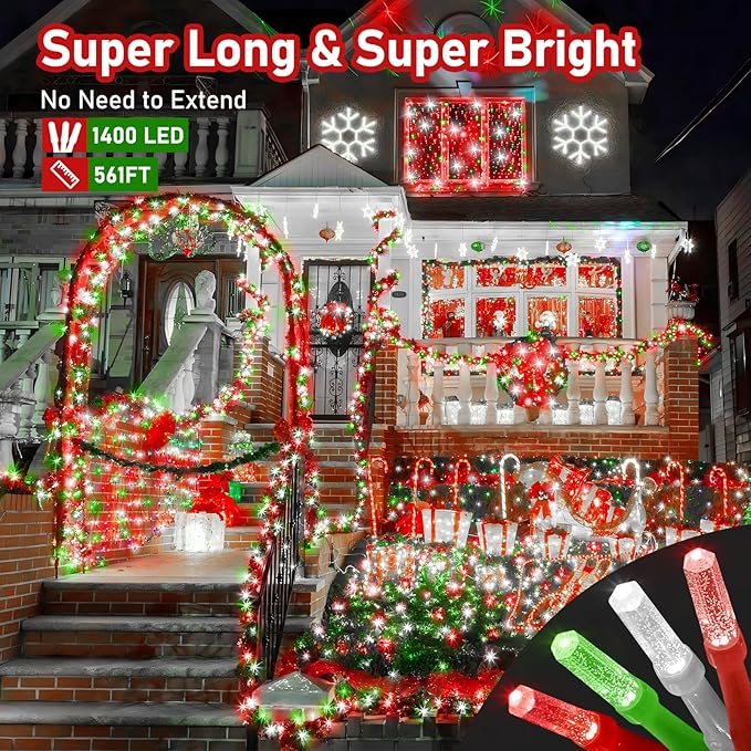XURISEN Upgraded 561FT 1400 LED Christmas Lights Outdoor, Super Long String Lights 8 Modes & Memory Timer Plug in Fairy Lights for Home Xmas Tree Party Wedding Decor -Red and Green and White
