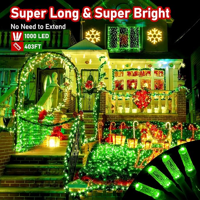 XURISEN Upgraded 403FT 1000 LED Christmas Lights Outdoor, Super Long String Lights 8 Modes & Memory Timer Plug in Fairy Lights for Home Xmas Tree Party Wedding Decor -Green
