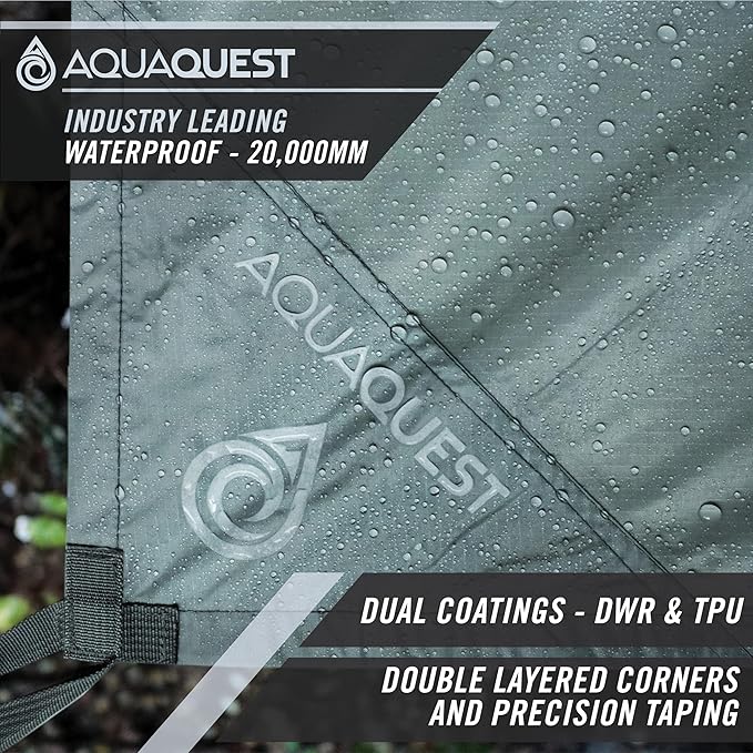 AquaQuest Defender Tarp – 100% Waterproof (20,000mm) Heavy-Duty Shelter for Camping, Bushcraft, Survival, Hammock, Basecamp, Hunting, Hiking & All-Season Use – 30 Options Available: 5 Sizes & 6 Colors