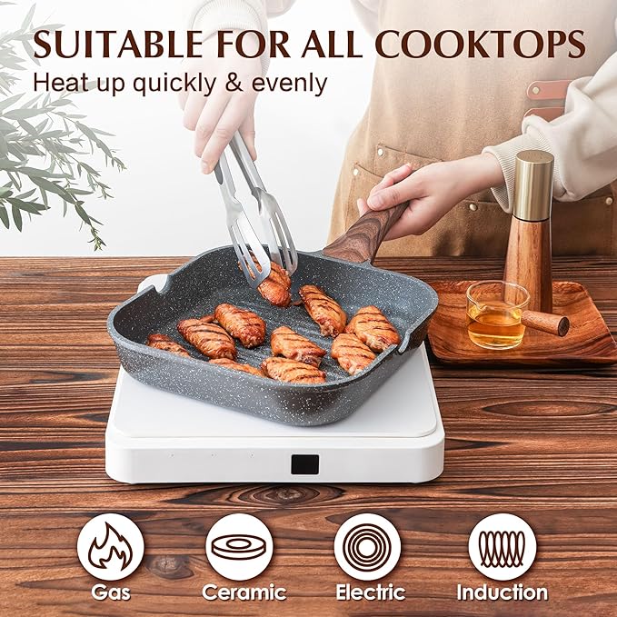 SENSARTE Nonstick Grill Pan for Stove Tops, Versatile Griddle with Pour Spouts, Square Big Cooking Surface, Durable Skillet Indoor & Outdoor Grilling. PFOA Free,12Inch