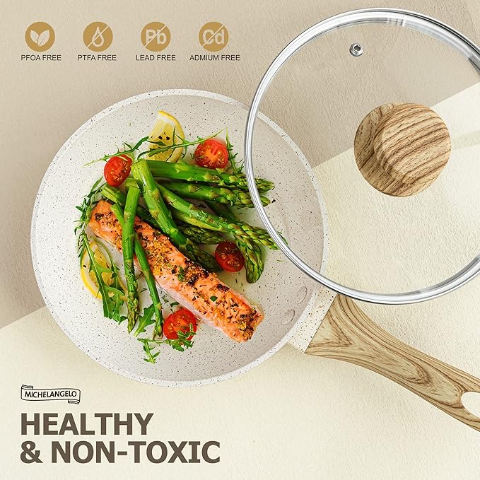 MICHELANGELO Small Frying Pan with Lid, 8 Inch Frying Pan Nonstick with Non-Toxic Coating, Granite Egg Pan with Anti-Scald Handle, Small Pan, White